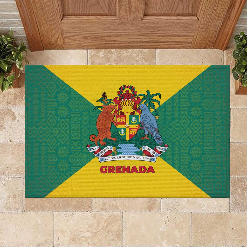Grenada Coat of Arms Rubber Doormat with Yellow Green Flag Colors and Tribal Pattern Design - Wonder Print Shop