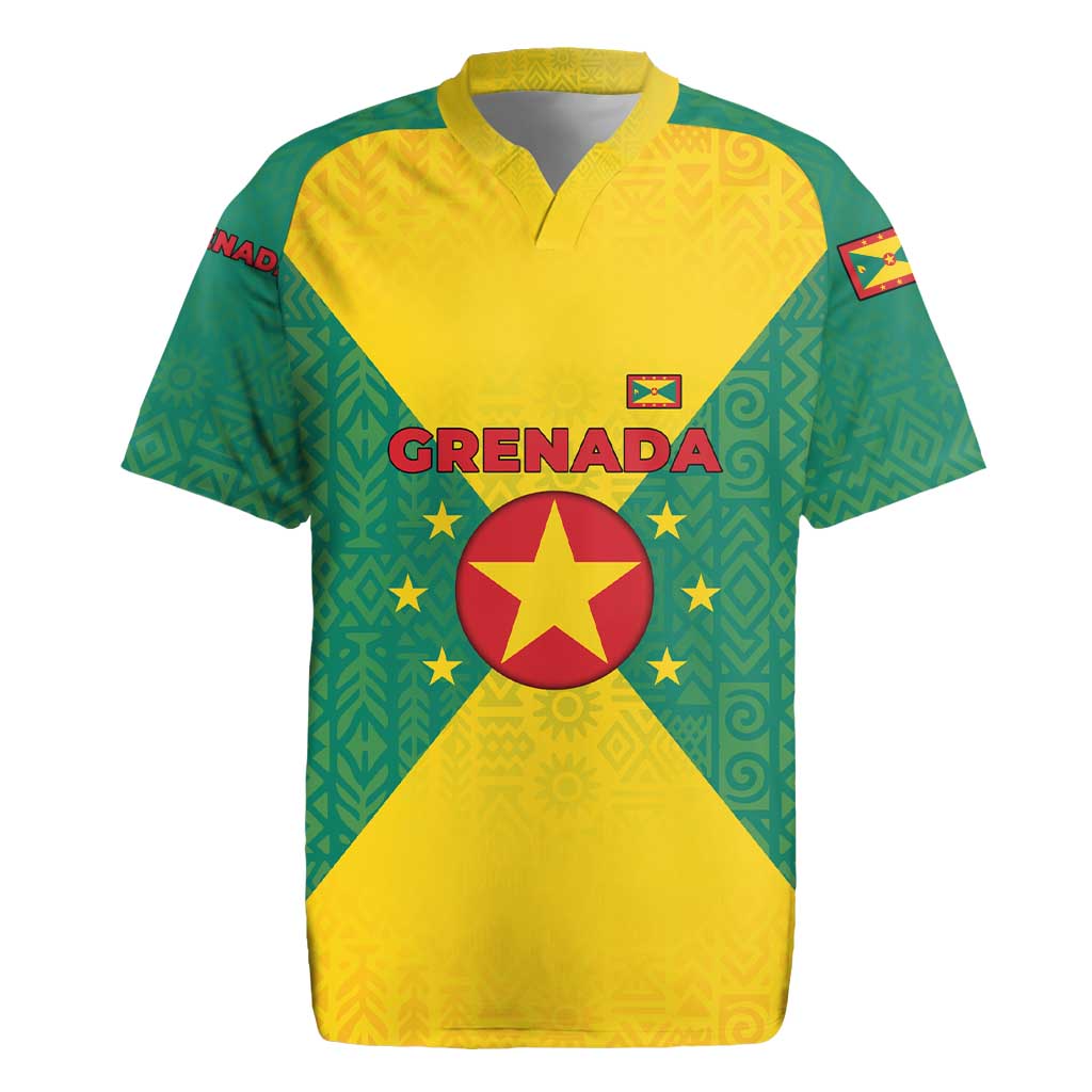 Grenada Coat of Arms Rugby Jersey with Yellow Green Flag Colors and Tribal Pattern Design - Wonder Print Shop