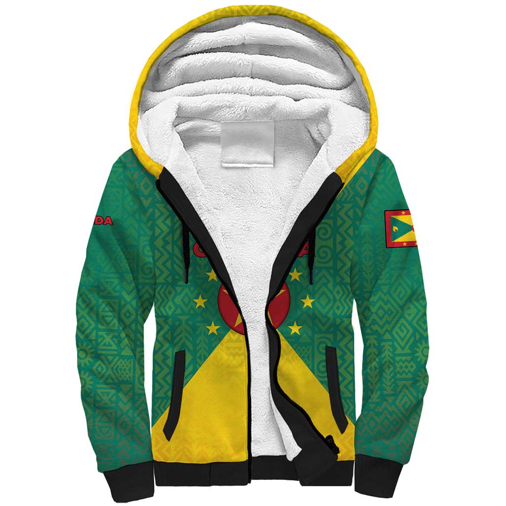 Grenada Coat of Arms Sherpa Hoodie with Yellow Green Flag Colors and Tribal Pattern Design - Wonder Print Shop
