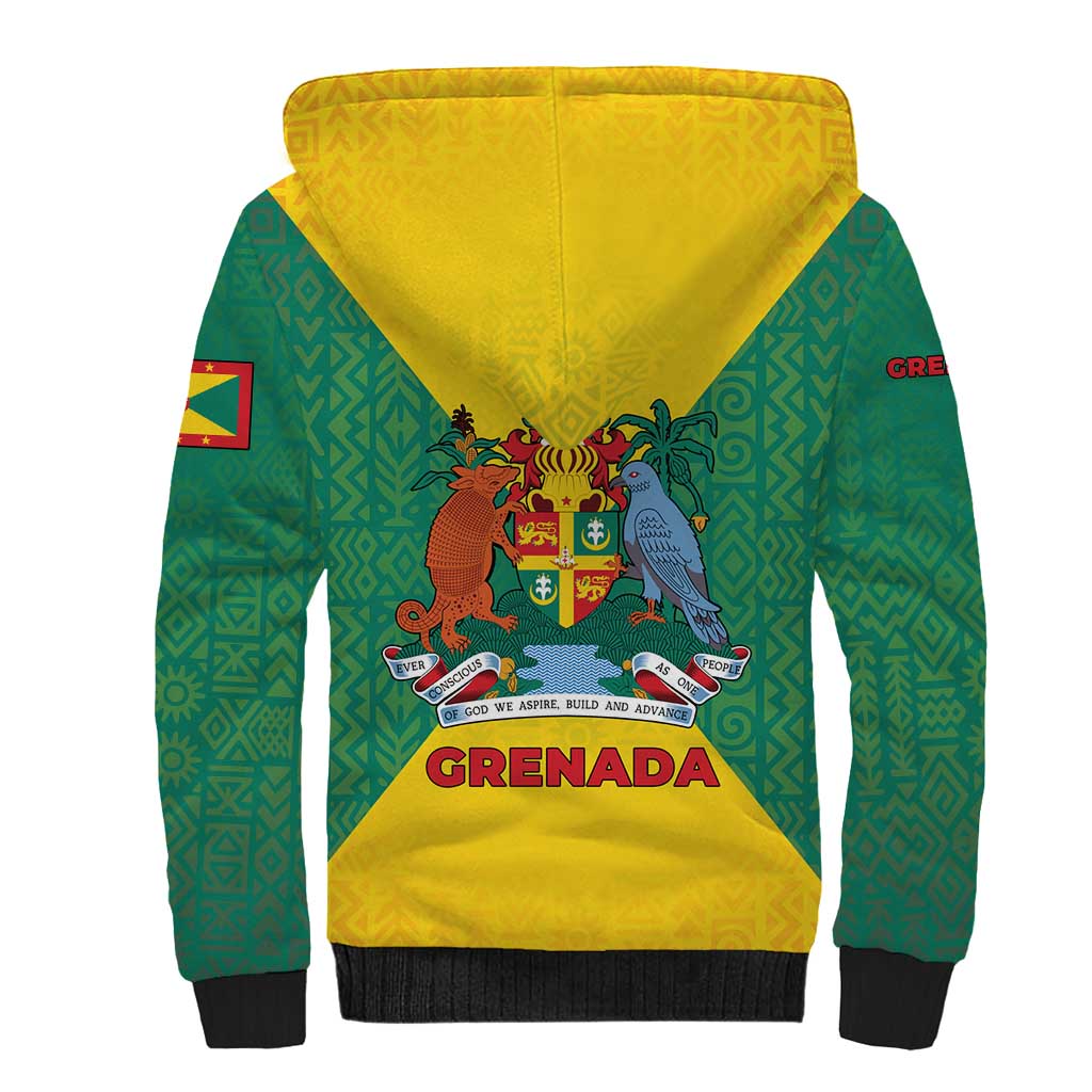 Grenada Coat of Arms Sherpa Hoodie with Yellow Green Flag Colors and Tribal Pattern Design - Wonder Print Shop