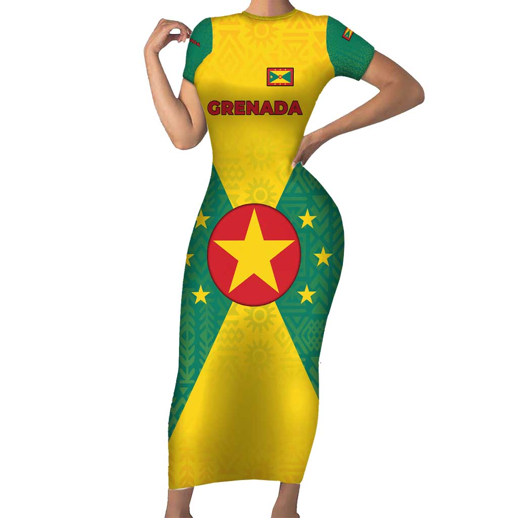 Grenada Coat of Arms Short Sleeve Bodycon Dress with Yellow Green Flag Colors and Tribal Pattern Design - Wonder Print Shop