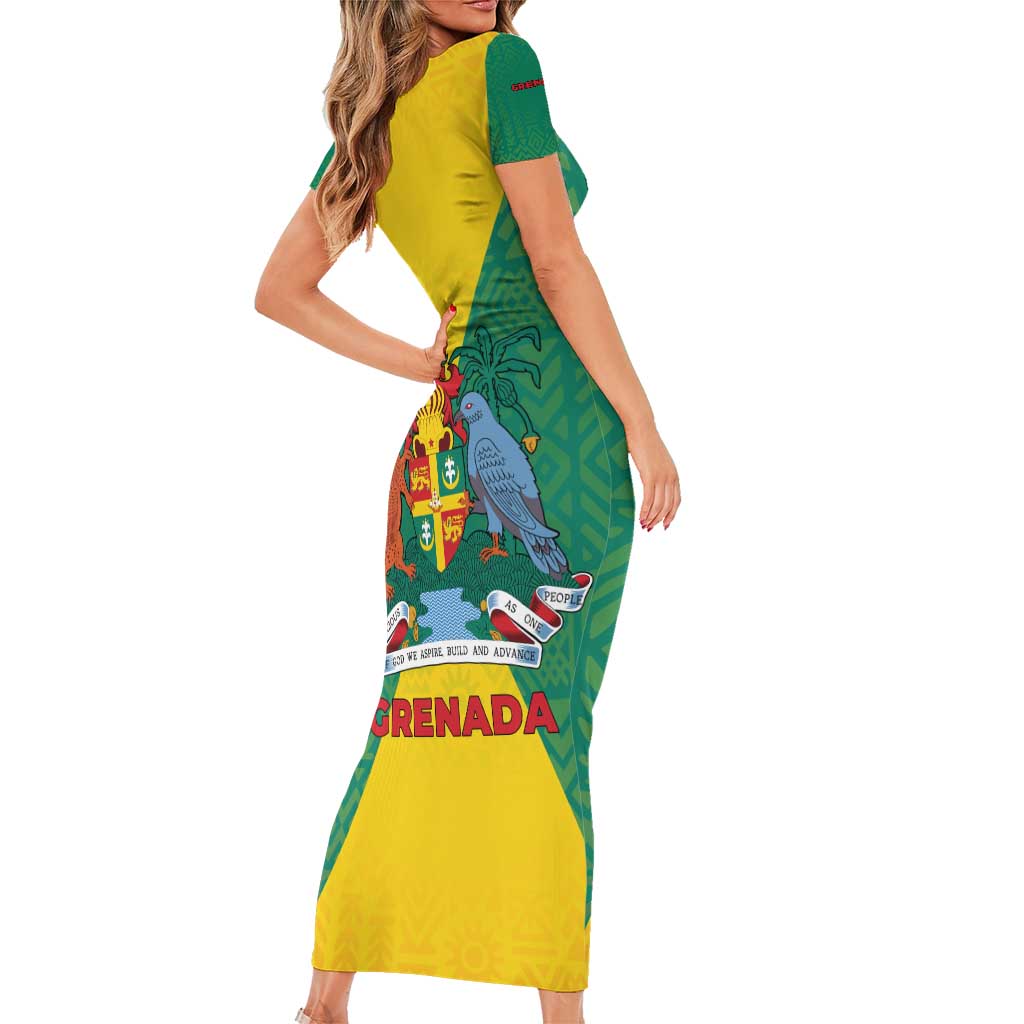 Grenada Coat of Arms Short Sleeve Bodycon Dress with Yellow Green Flag Colors and Tribal Pattern Design - Wonder Print Shop