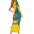 Grenada Coat of Arms Short Sleeve Bodycon Dress with Yellow Green Flag Colors and Tribal Pattern Design - Wonder Print Shop