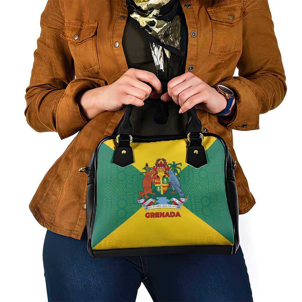 Grenada Coat of Arms Shoulder Handbag with Yellow Green Flag Colors and Tribal Pattern Design - Wonder Print Shop