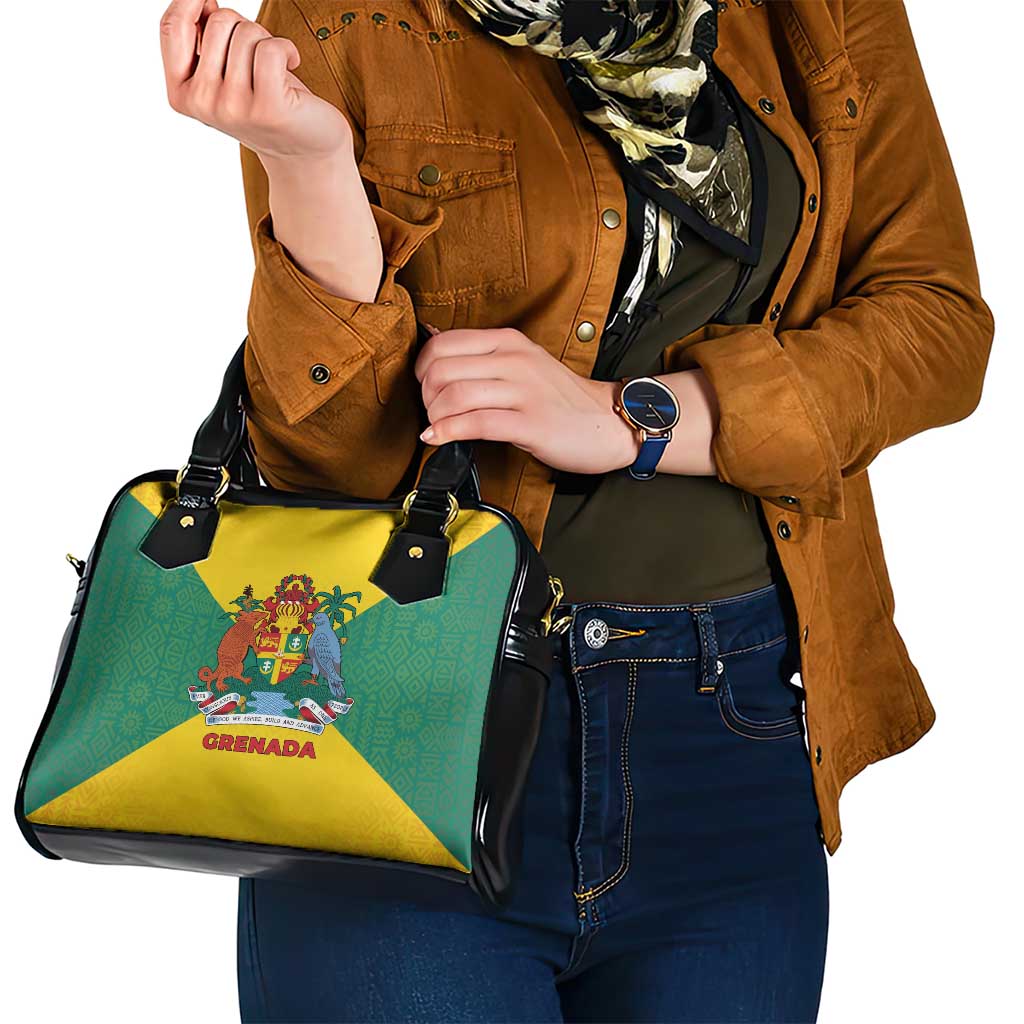 Grenada Coat of Arms Shoulder Handbag with Yellow Green Flag Colors and Tribal Pattern Design - Wonder Print Shop