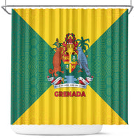 Grenada Coat of Arms Shower Curtain with Yellow Green Flag Colors and Tribal Pattern Design - Wonder Print Shop