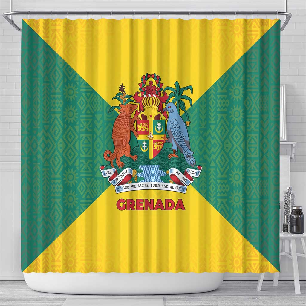 Grenada Coat of Arms Shower Curtain with Yellow Green Flag Colors and Tribal Pattern Design - Wonder Print Shop