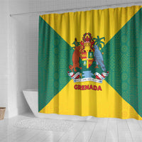Grenada Coat of Arms Shower Curtain with Yellow Green Flag Colors and Tribal Pattern Design - Wonder Print Shop