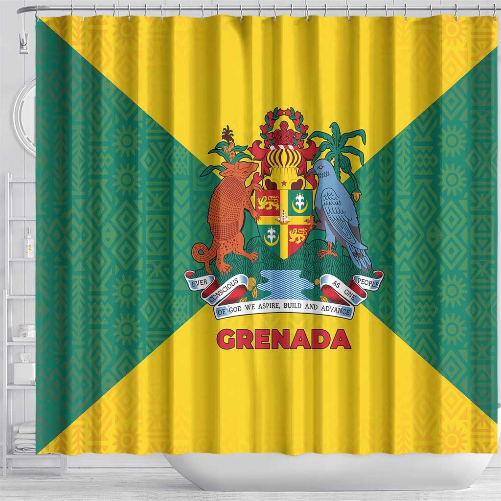 Grenada Coat of Arms Shower Curtain with Yellow Green Flag Colors and Tribal Pattern Design - Wonder Print Shop