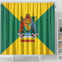 Grenada Coat of Arms Shower Curtain with Yellow Green Flag Colors and Tribal Pattern Design - Wonder Print Shop