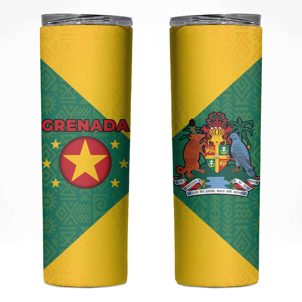Grenada Coat of Arms Skinny Tumbler with Yellow Green Flag Colors and Tribal Pattern Design - Wonder Print Shop