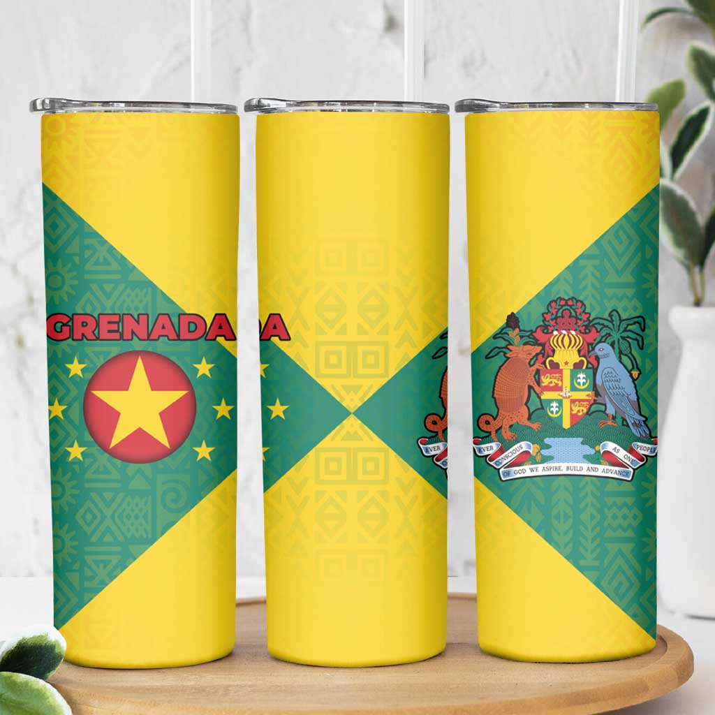 Grenada Coat of Arms Skinny Tumbler with Yellow Green Flag Colors and Tribal Pattern Design - Wonder Print Shop