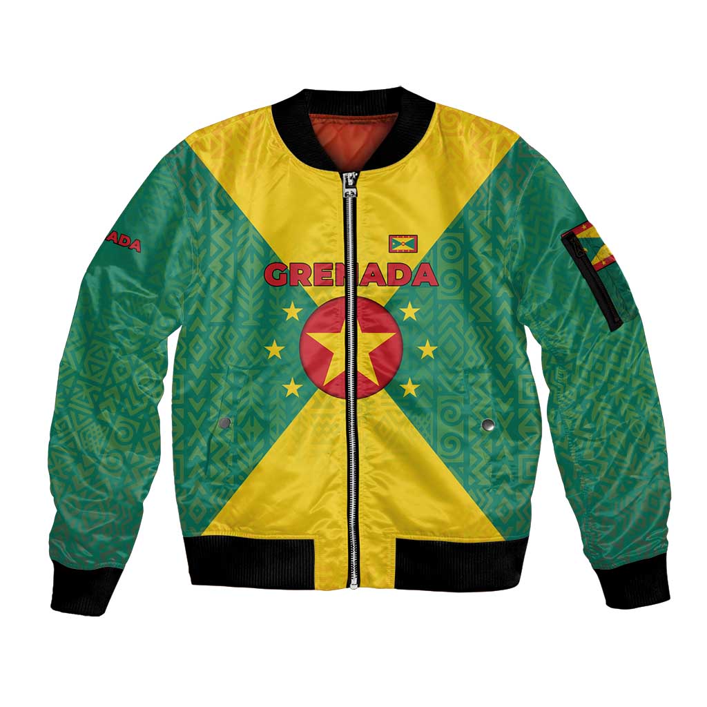 Grenada Coat of Arms Sleeve Zip Bomber Jacket with Yellow Green Flag Colors and Tribal Pattern Design - Wonder Print Shop