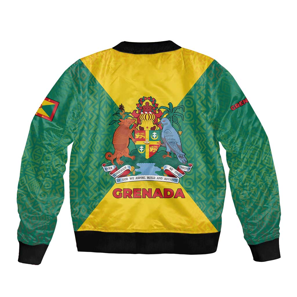 Grenada Coat of Arms Sleeve Zip Bomber Jacket with Yellow Green Flag Colors and Tribal Pattern Design - Wonder Print Shop