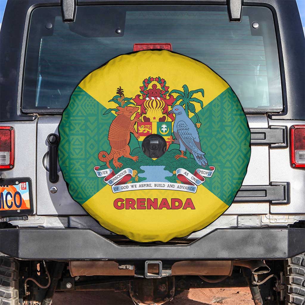 Grenada Coat of Arms Spare Tire Cover with Yellow Green Flag Colors and Tribal Pattern Design - Wonder Print Shop