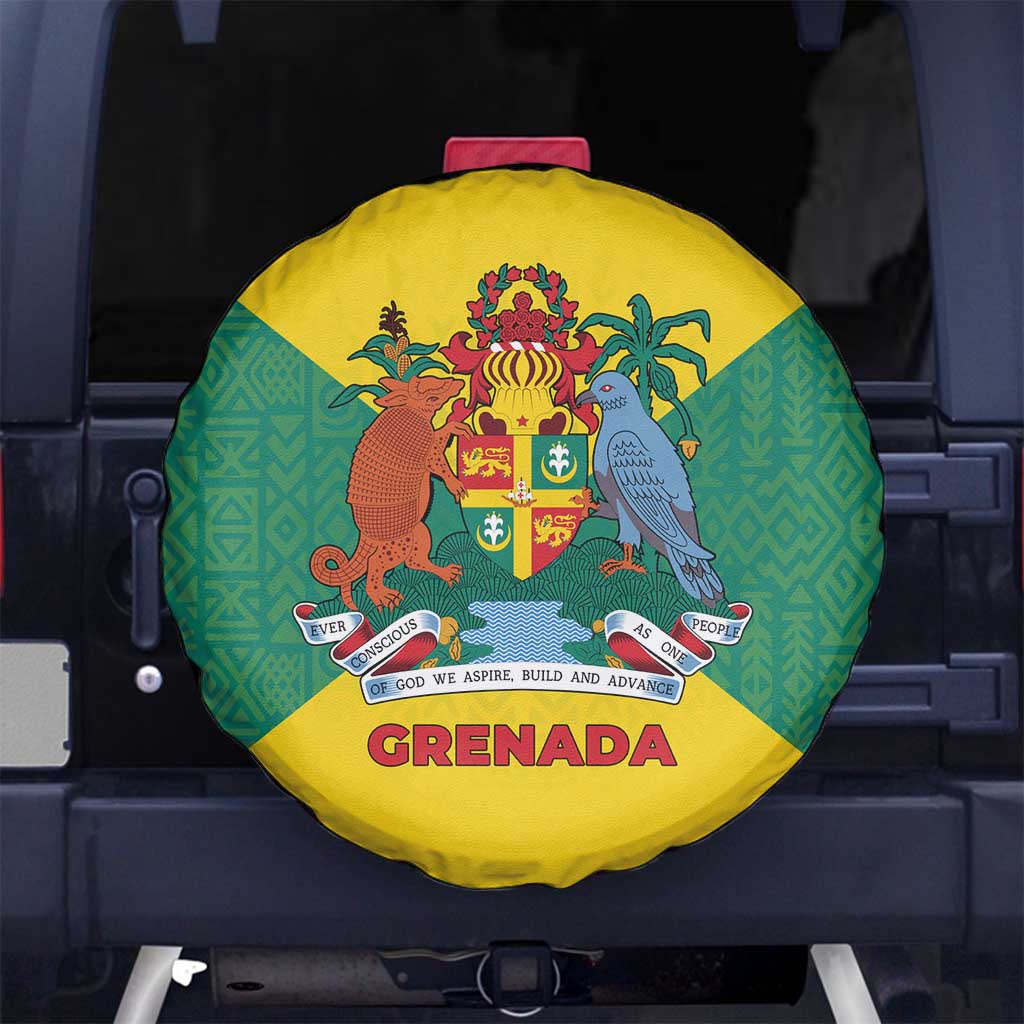 Grenada Coat of Arms Spare Tire Cover with Yellow Green Flag Colors and Tribal Pattern Design - Wonder Print Shop
