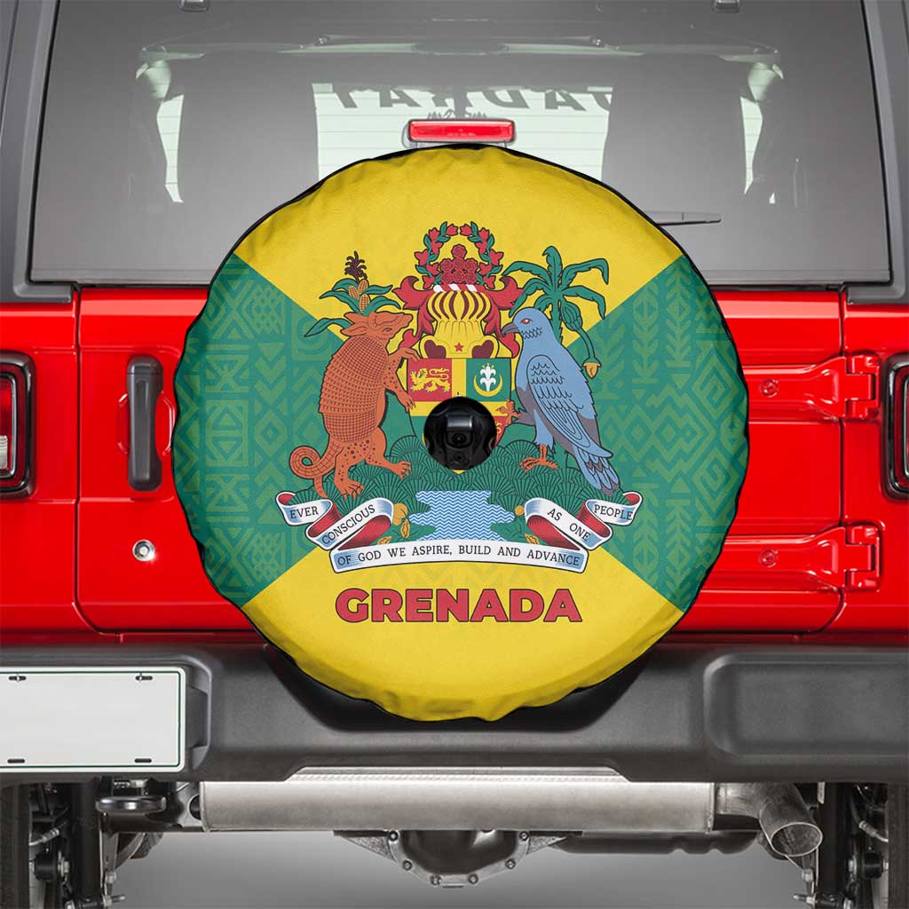 Grenada Coat of Arms Spare Tire Cover with Yellow Green Flag Colors and Tribal Pattern Design - Wonder Print Shop