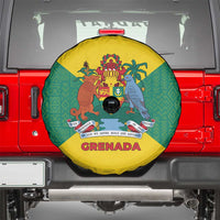 Grenada Coat of Arms Spare Tire Cover with Yellow Green Flag Colors and Tribal Pattern Design - Wonder Print Shop