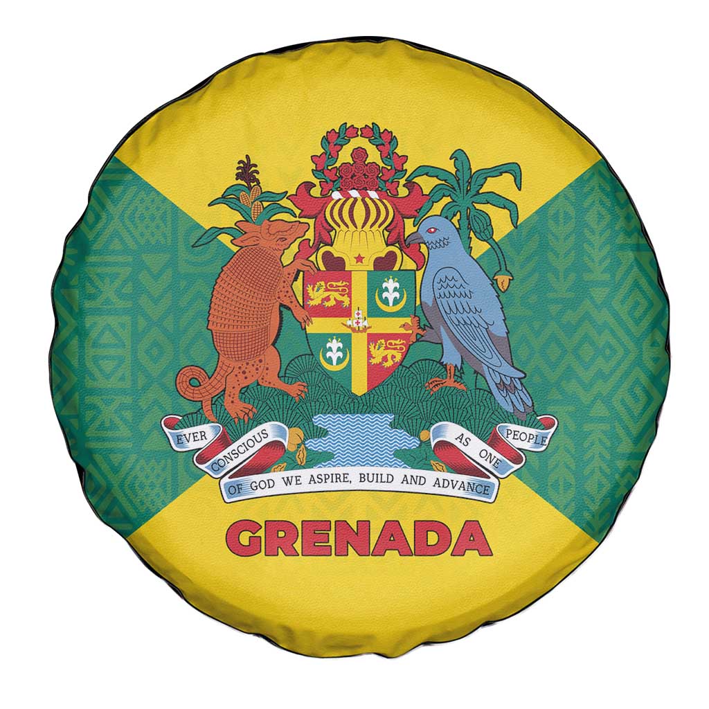 Grenada Coat of Arms Spare Tire Cover with Yellow Green Flag Colors and Tribal Pattern Design - Wonder Print Shop