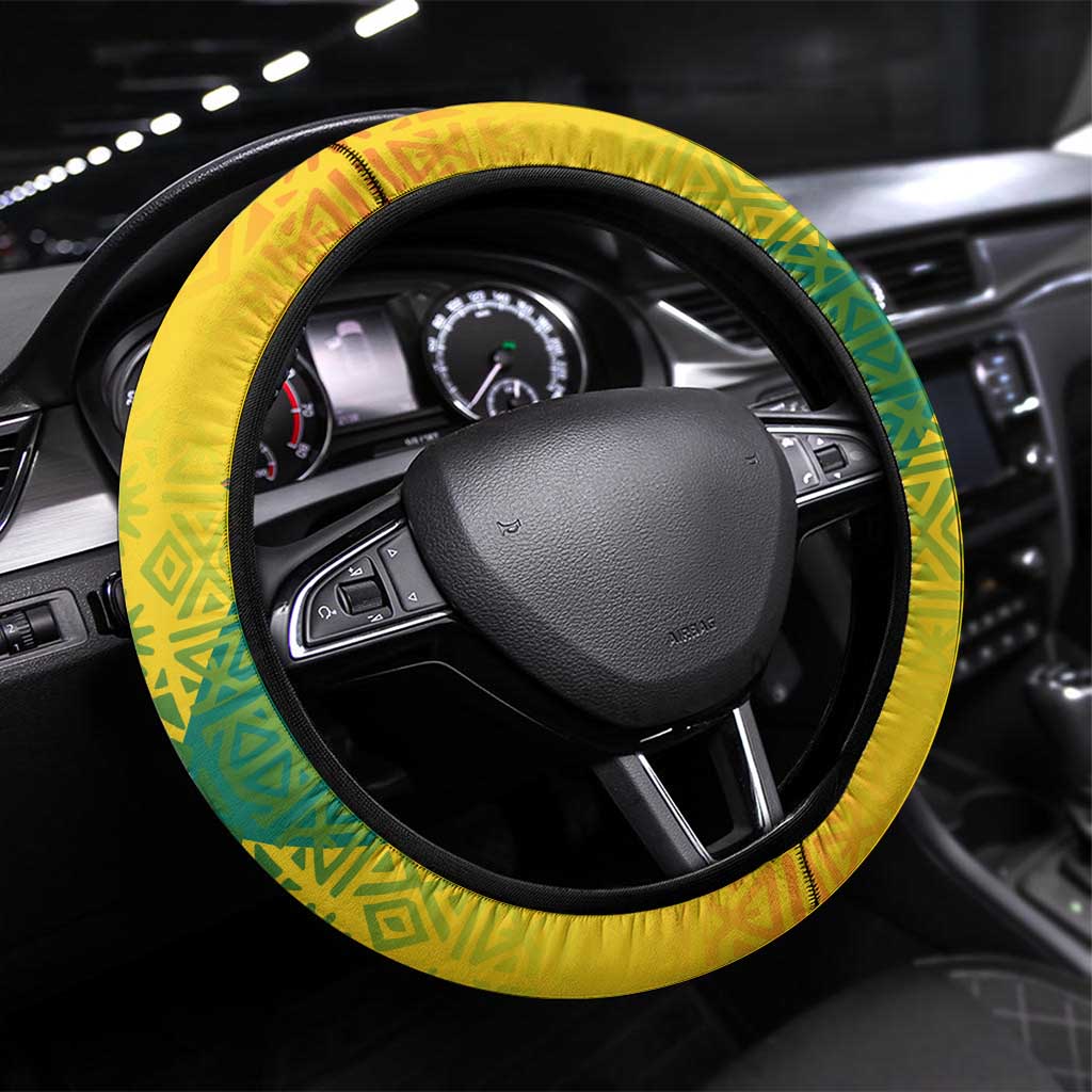 Grenada Coat of Arms Steering Wheel Cover with Yellow Green Flag Colors and Tribal Pattern Design - Wonder Print Shop