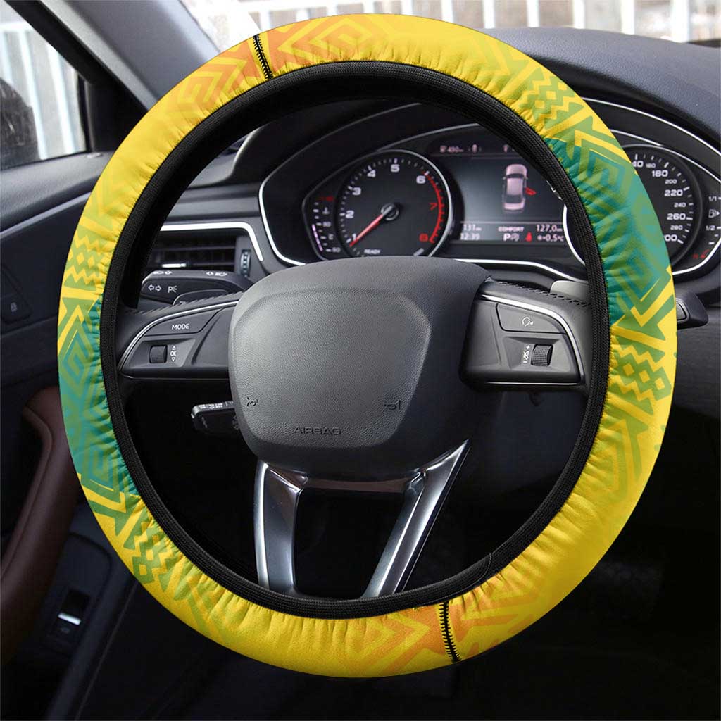 Grenada Coat of Arms Steering Wheel Cover with Yellow Green Flag Colors and Tribal Pattern Design - Wonder Print Shop