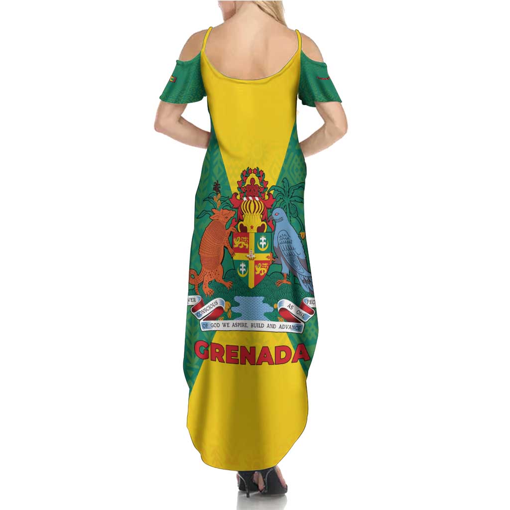 Grenada Coat of Arms Summer Maxi Dress with Yellow Green Flag Colors and Tribal Pattern Design - Wonder Print Shop