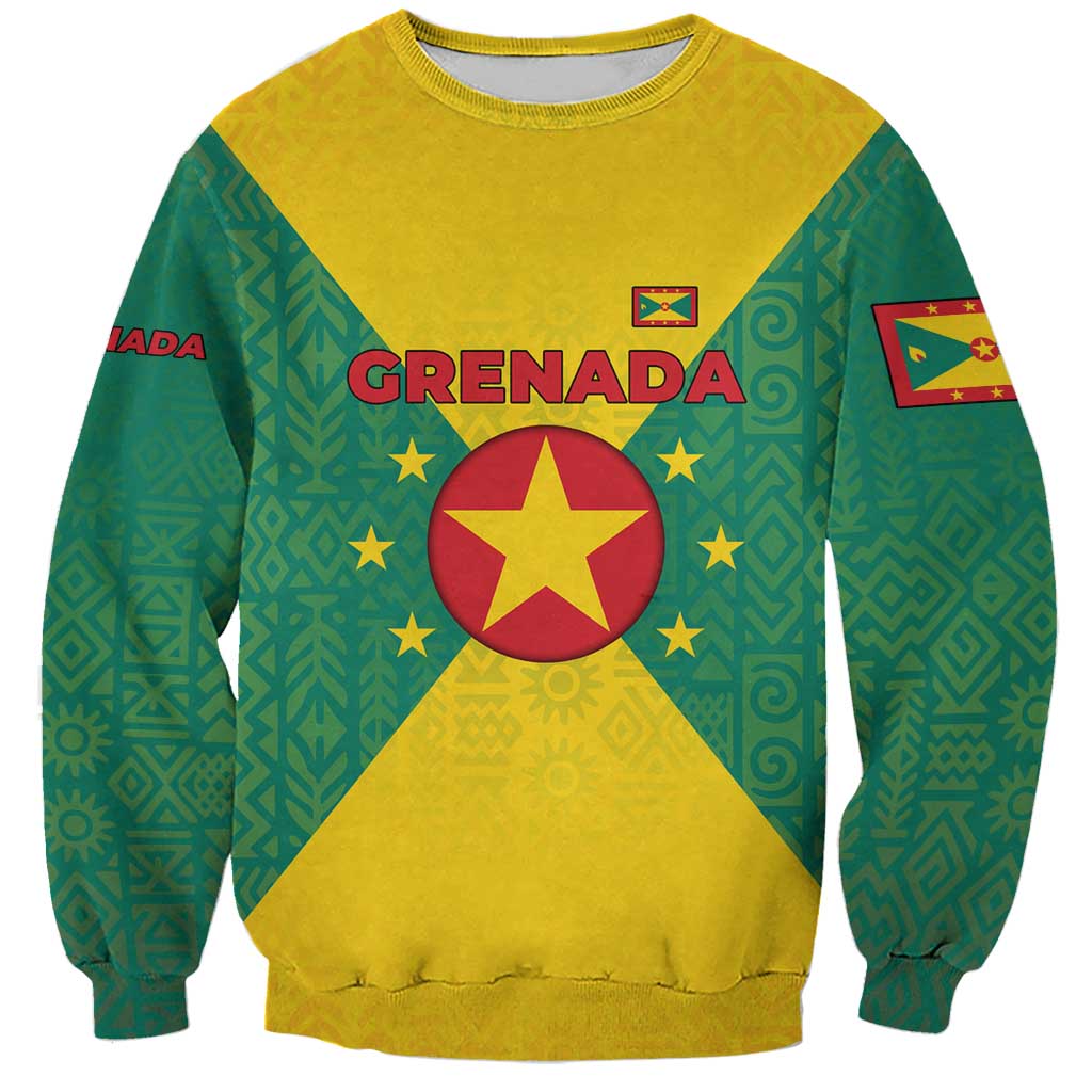 Grenada Coat of Arms Sweatshirt with Yellow Green Flag Colors and Tribal Pattern Design - Wonder Print Shop