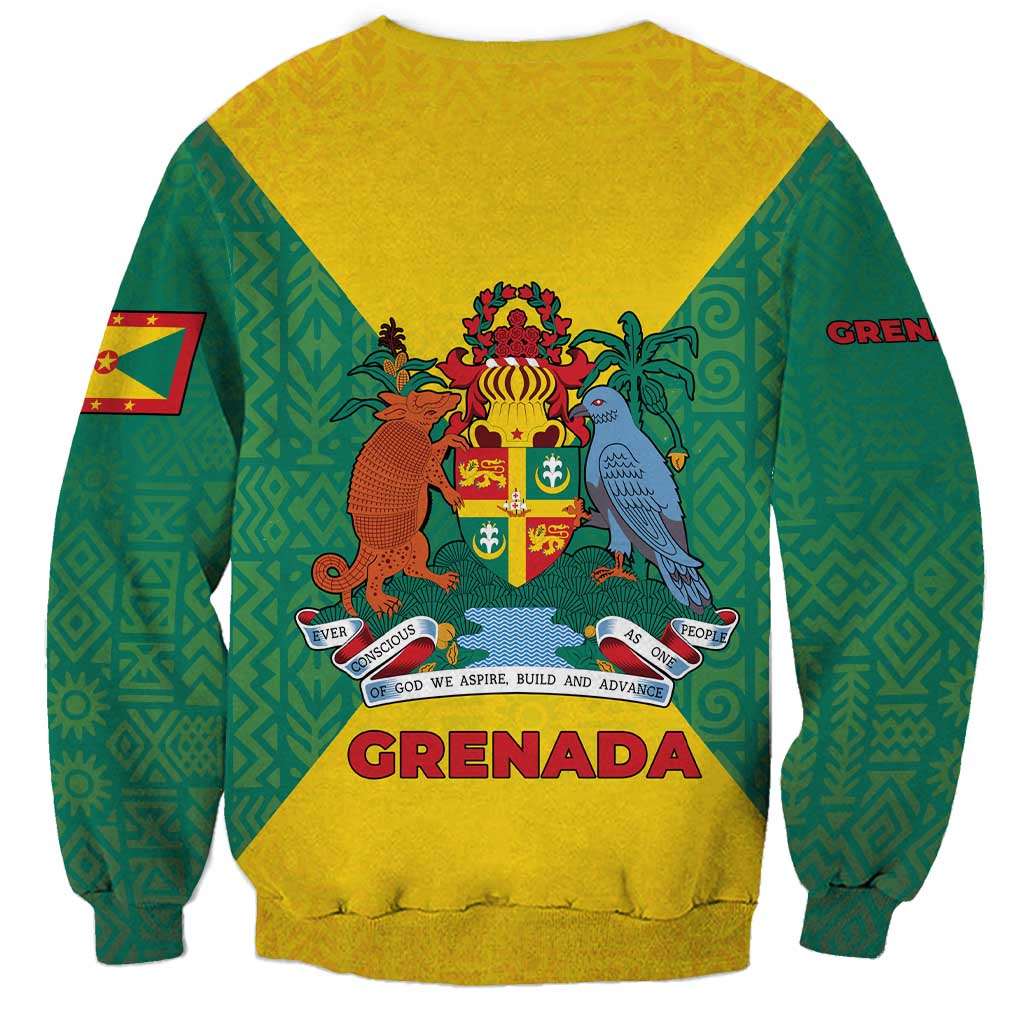 Grenada Coat of Arms Sweatshirt with Yellow Green Flag Colors and Tribal Pattern Design - Wonder Print Shop