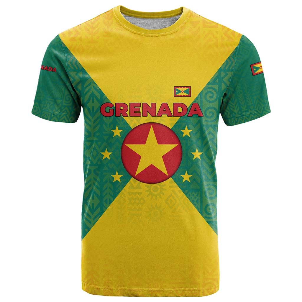 Grenada Coat of Arms T Shirt with Yellow Green Flag Colors and Tribal Pattern Design - Wonder Print Shop