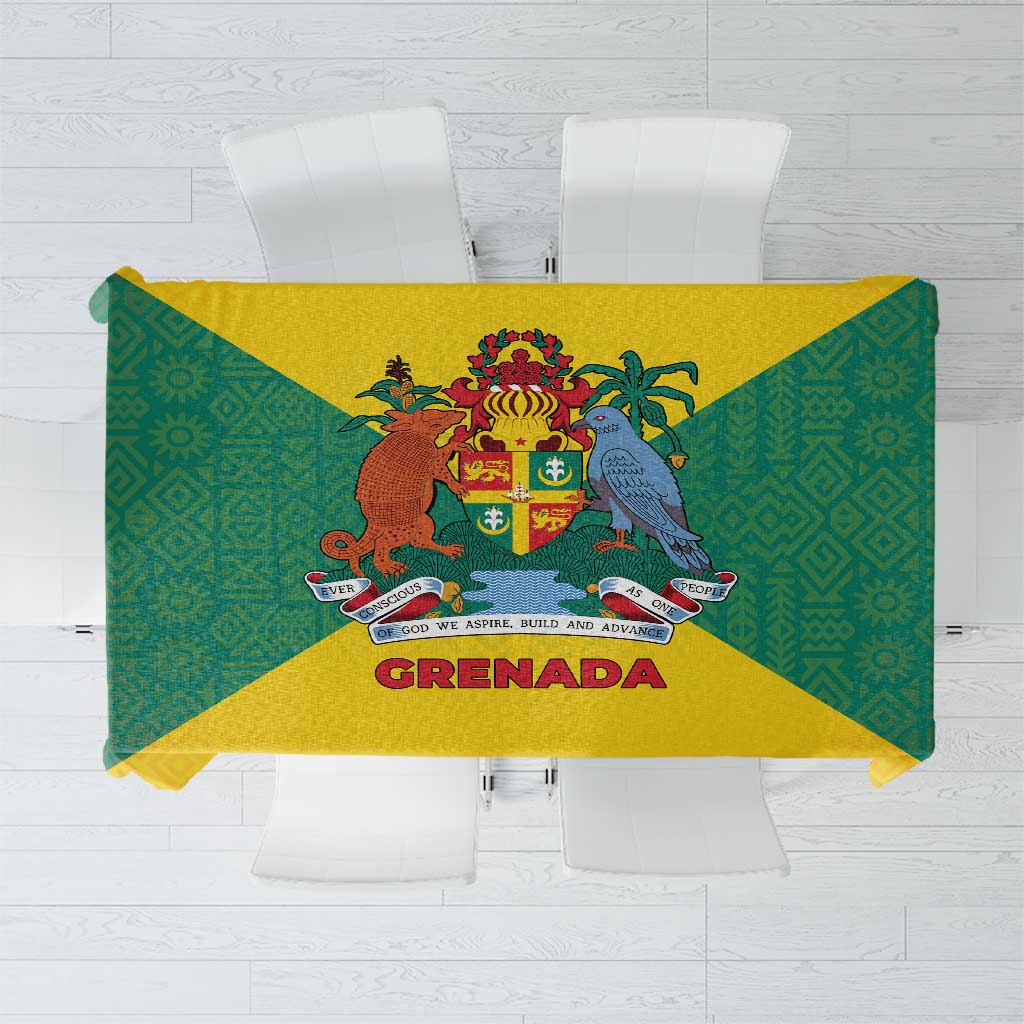 Grenada Coat of Arms Tablecloth with Yellow Green Flag Colors and Tribal Pattern Design - Wonder Print Shop
