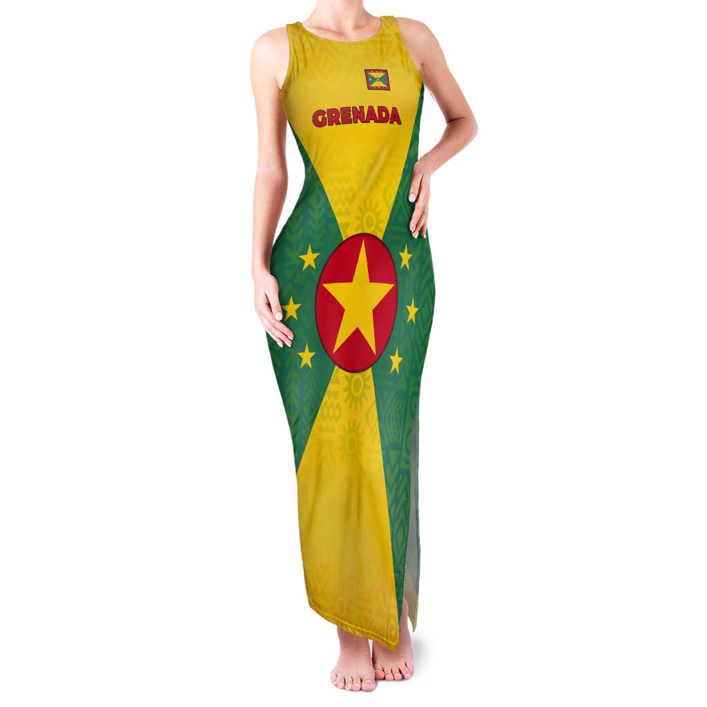 Grenada Coat of Arms Tank Maxi Dress with Yellow Green Flag Colors and Tribal Pattern Design - Wonder Print Shop