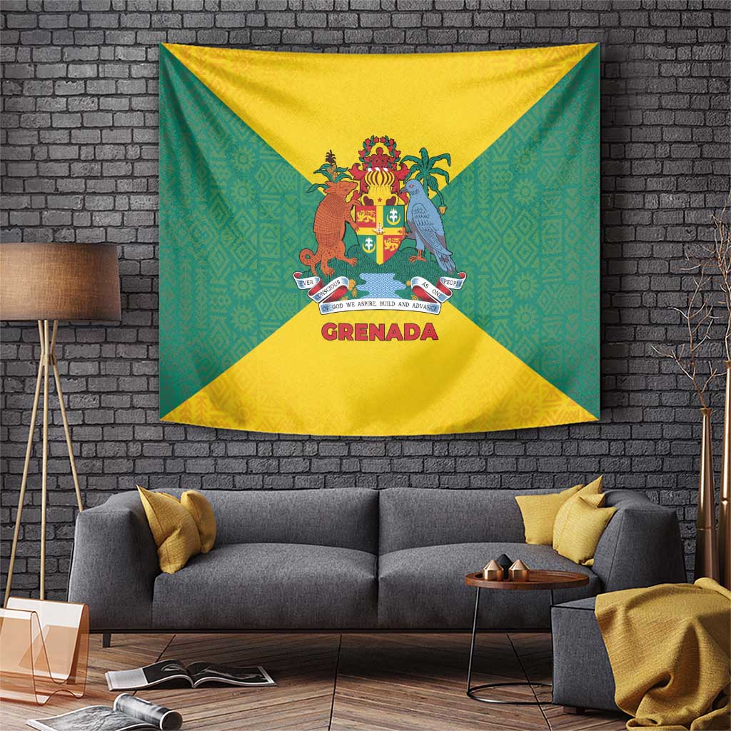 Grenada Coat of Arms Tapestry with Yellow Green Flag Colors and Tribal Pattern Design - Wonder Print Shop