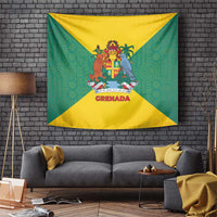 Grenada Coat of Arms Tapestry with Yellow Green Flag Colors and Tribal Pattern Design - Wonder Print Shop