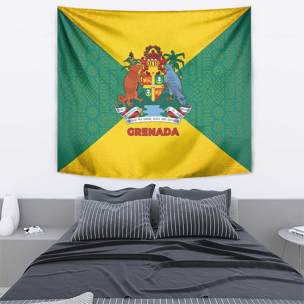 Grenada Coat of Arms Tapestry with Yellow Green Flag Colors and Tribal Pattern Design - Wonder Print Shop