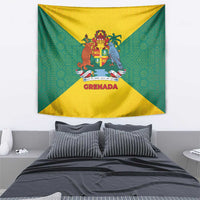 Grenada Coat of Arms Tapestry with Yellow Green Flag Colors and Tribal Pattern Design - Wonder Print Shop