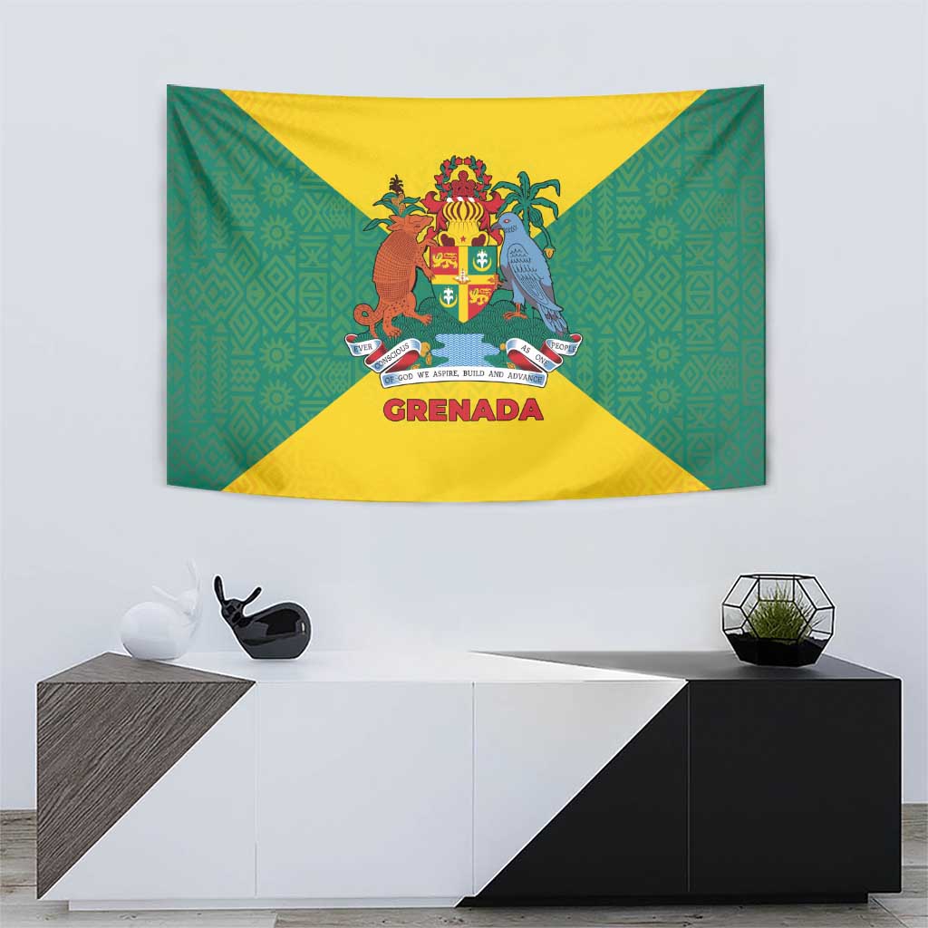 Grenada Coat of Arms Tapestry with Yellow Green Flag Colors and Tribal Pattern Design - Wonder Print Shop