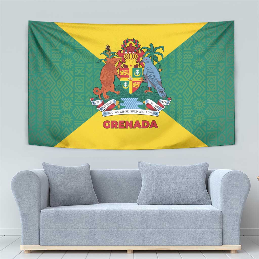Grenada Coat of Arms Tapestry with Yellow Green Flag Colors and Tribal Pattern Design - Wonder Print Shop