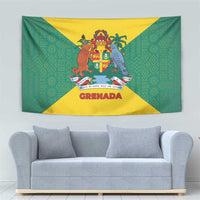 Grenada Coat of Arms Tapestry with Yellow Green Flag Colors and Tribal Pattern Design - Wonder Print Shop