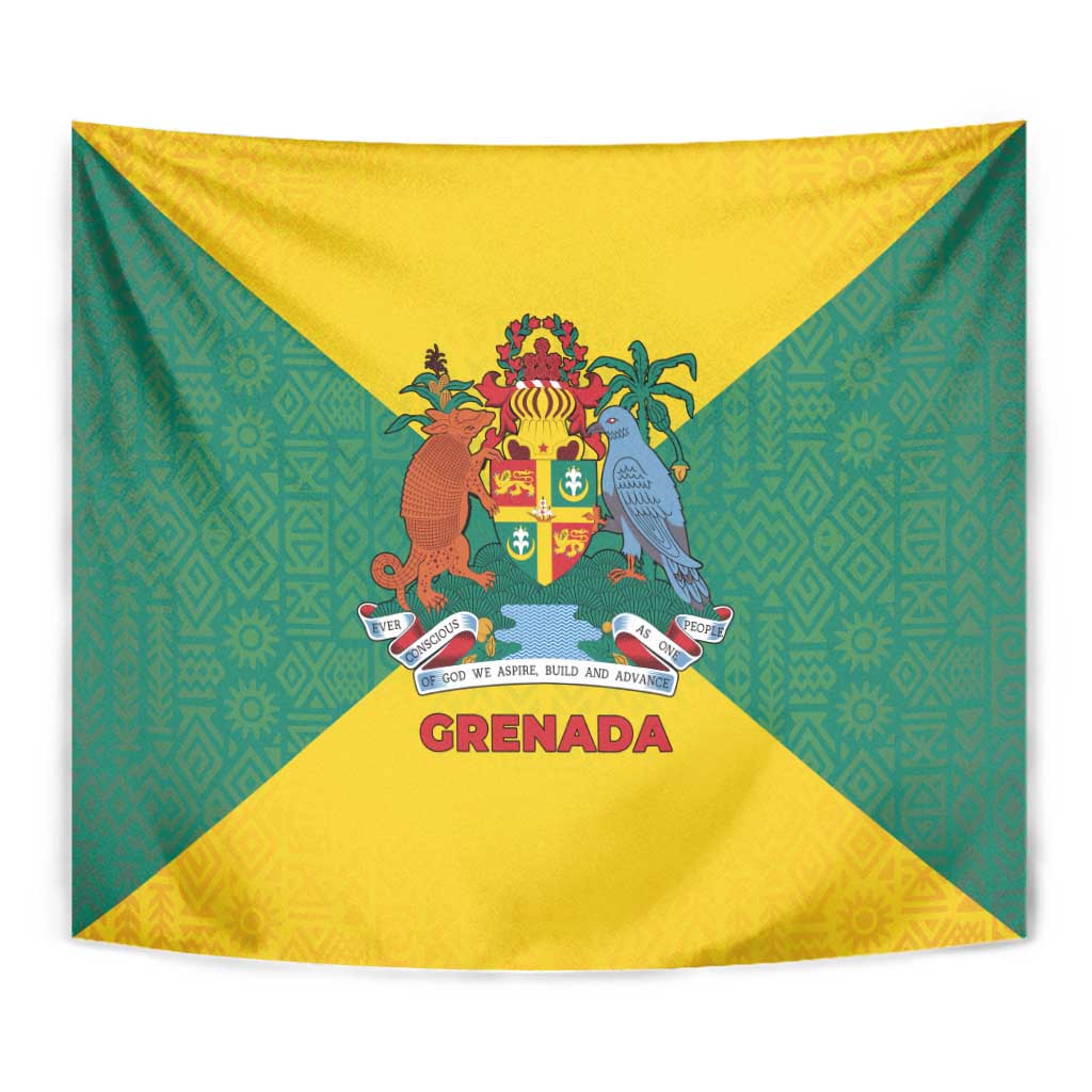 Grenada Coat of Arms Tapestry with Yellow Green Flag Colors and Tribal Pattern Design - Wonder Print Shop