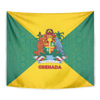 Grenada Coat of Arms Tapestry with Yellow Green Flag Colors and Tribal Pattern Design - Wonder Print Shop