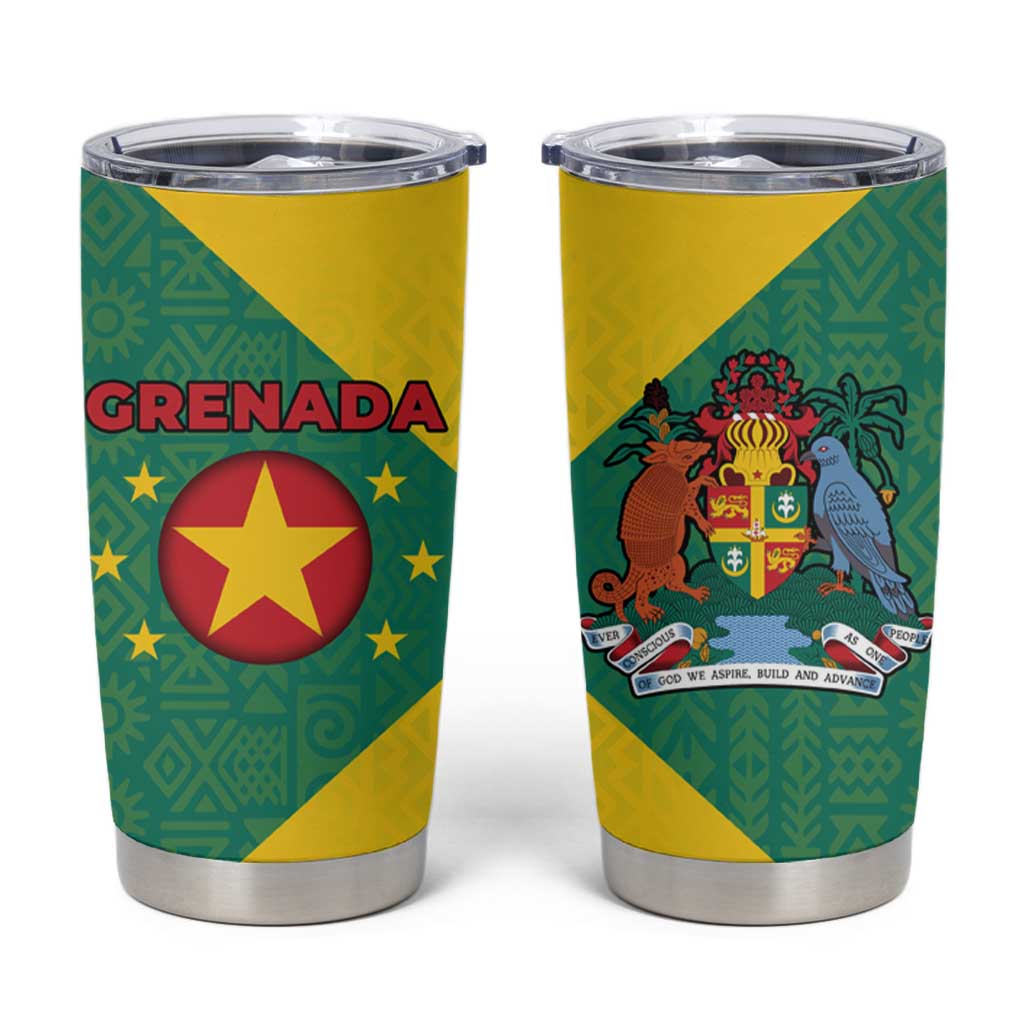 Grenada Coat of Arms Tumbler Cup with Yellow Green Flag Colors and Tribal Pattern Design - Wonder Print Shop