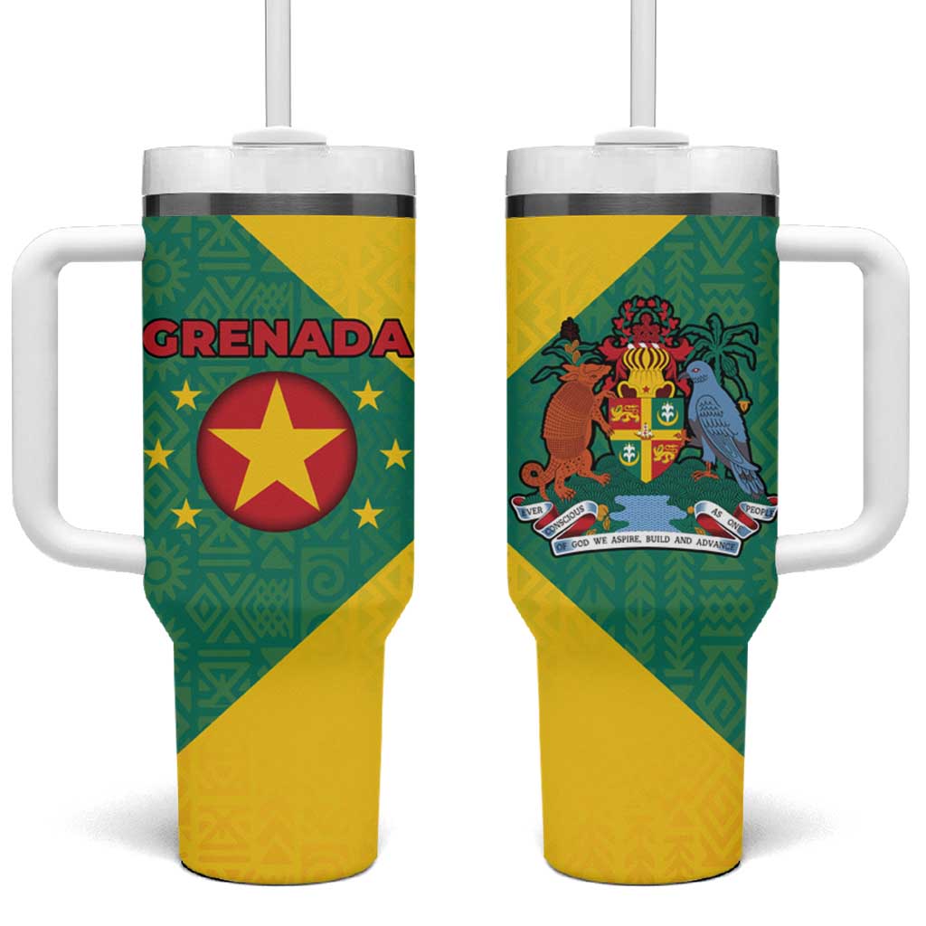 Grenada Coat of Arms Tumbler With Handle with Yellow Green Flag Colors and Tribal Pattern Design - Wonder Print Shop