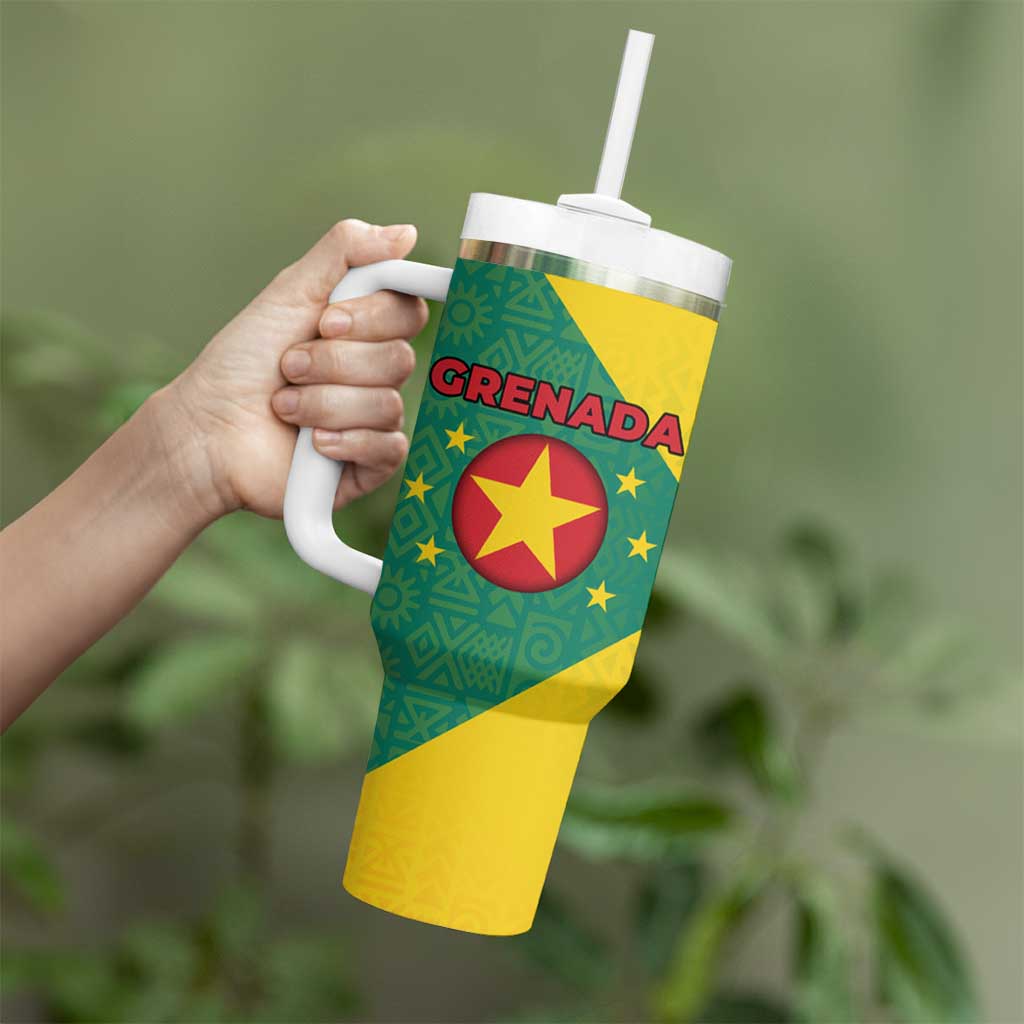 Grenada Coat of Arms Tumbler With Handle with Yellow Green Flag Colors and Tribal Pattern Design - Wonder Print Shop