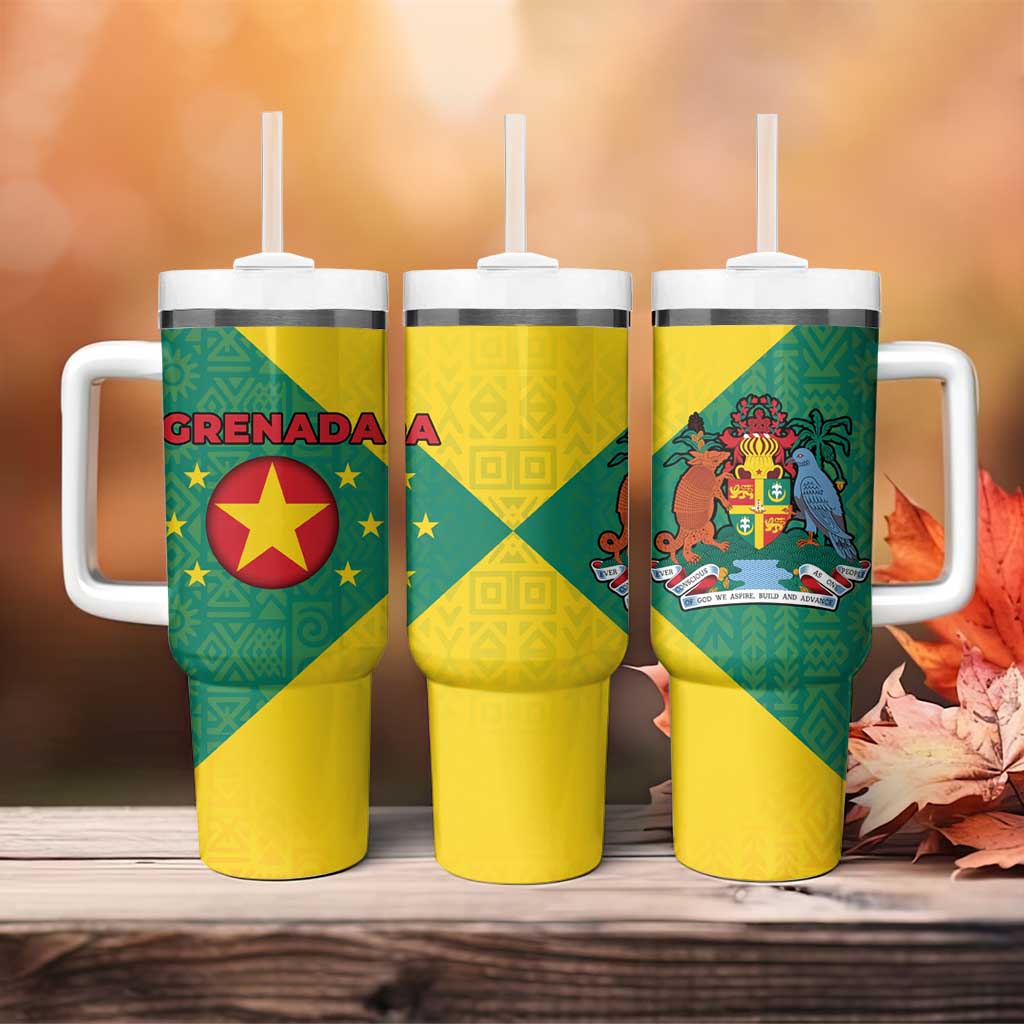 Grenada Coat of Arms Tumbler With Handle with Yellow Green Flag Colors and Tribal Pattern Design - Wonder Print Shop