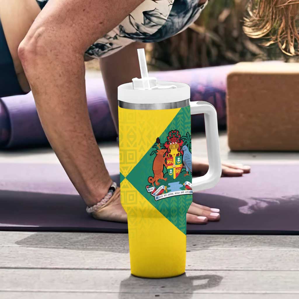 Grenada Coat of Arms Tumbler With Handle with Yellow Green Flag Colors and Tribal Pattern Design - Wonder Print Shop