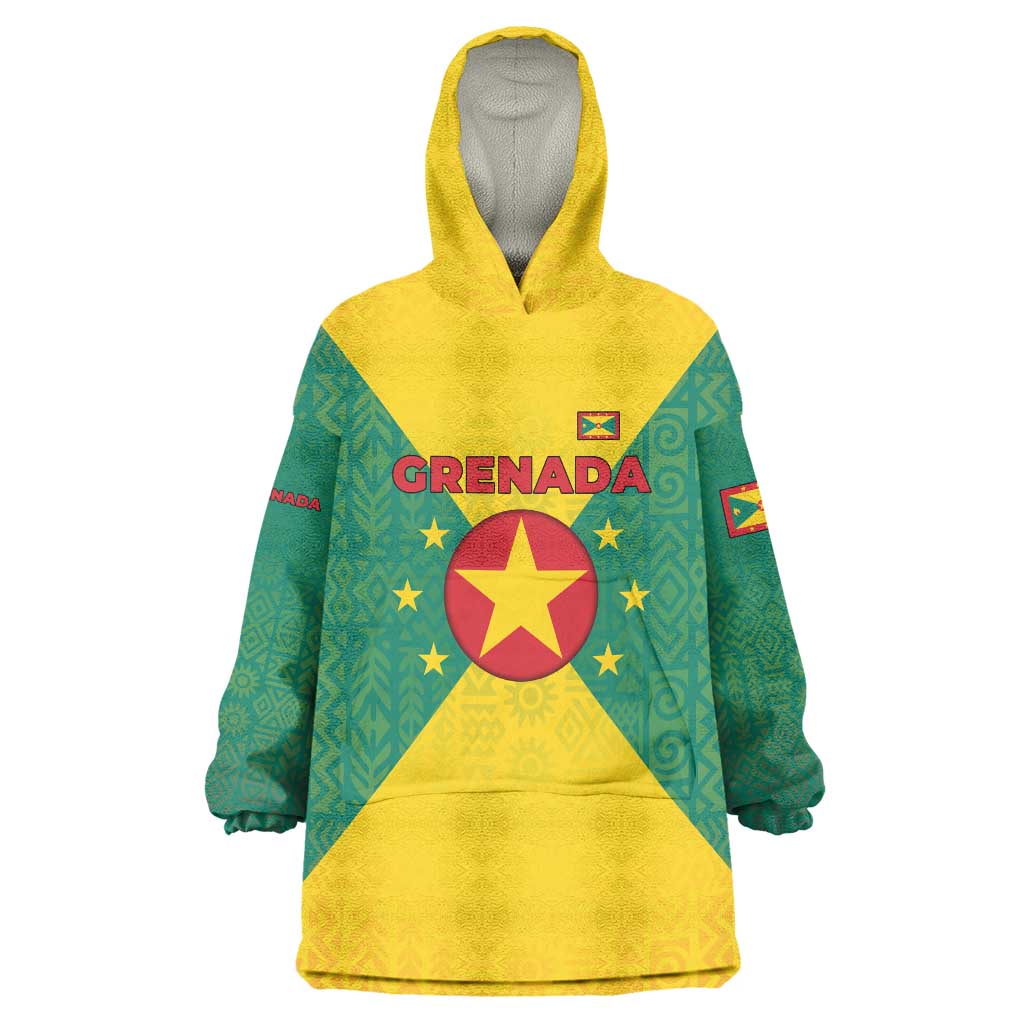 Grenada Coat of Arms Wearable Blanket Hoodie with Yellow Green Flag Colors and Tribal Pattern Design - Wonder Print Shop