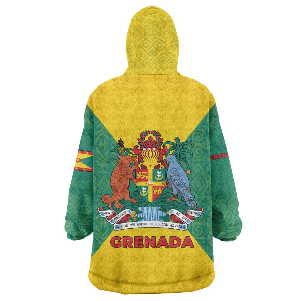 Grenada Coat of Arms Wearable Blanket Hoodie with Yellow Green Flag Colors and Tribal Pattern Design - Wonder Print Shop