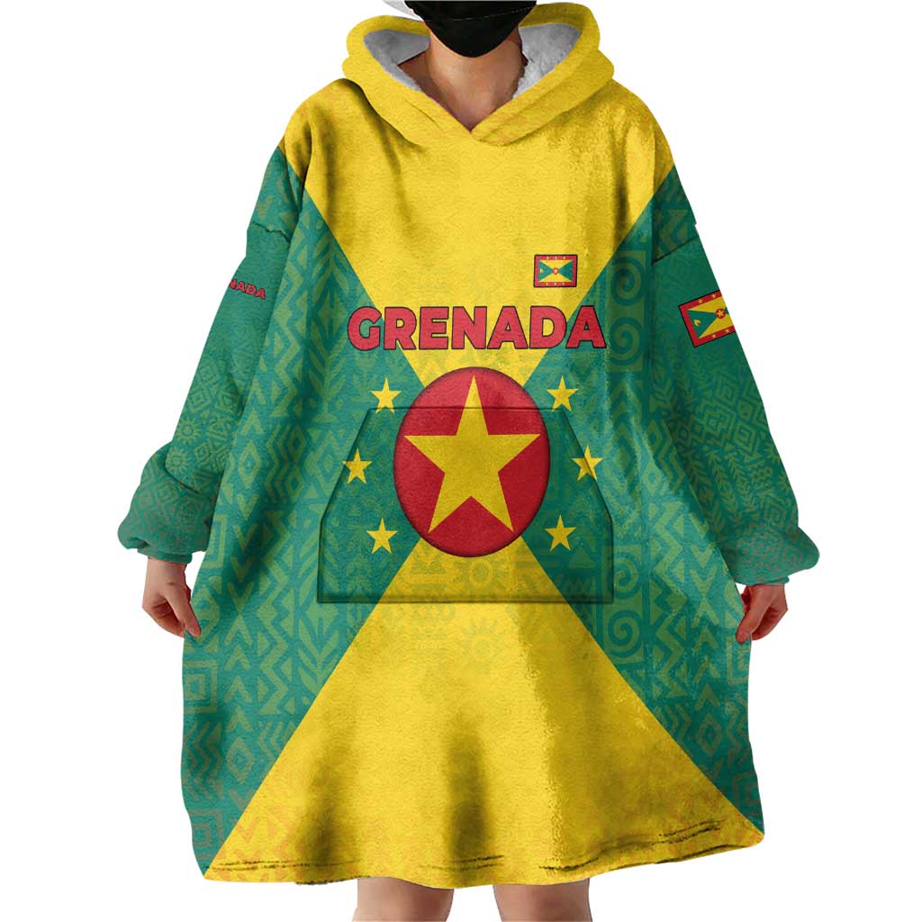 Grenada Coat of Arms Wearable Blanket Hoodie with Yellow Green Flag Colors and Tribal Pattern Design - Wonder Print Shop