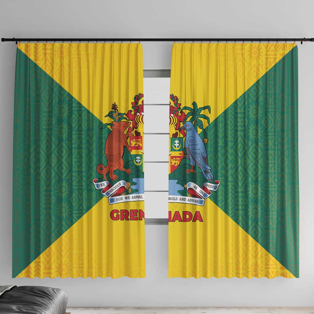 Grenada Coat of Arms Window Curtain with Yellow Green Flag Colors and Tribal Pattern Design - Wonder Print Shop
