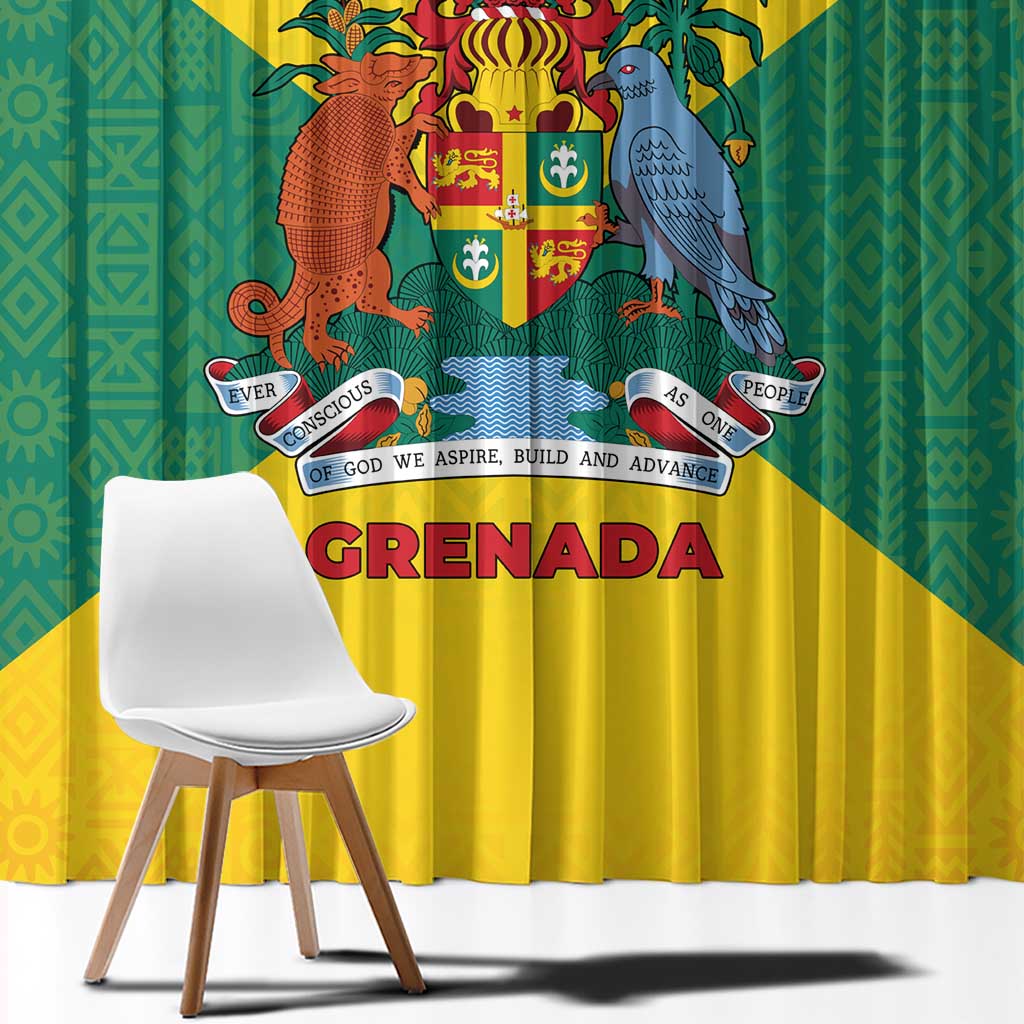 Grenada Coat of Arms Window Curtain with Yellow Green Flag Colors and Tribal Pattern Design - Wonder Print Shop